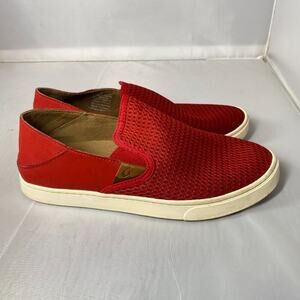 Olukai Pehuea Slip On Sneaker Red Mesh Comfort Shoe Loater Drop Heel